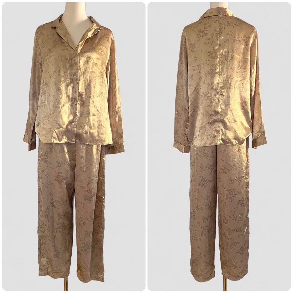 1999 Victoria's Secret Tan Brown Satin Floral Button Up Pajama Set M Vintage